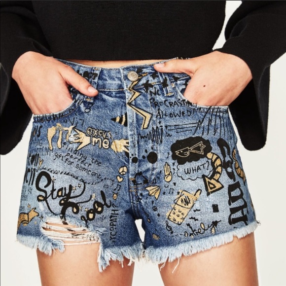 Zara Pants - Zara Graffiti Denim Shorts